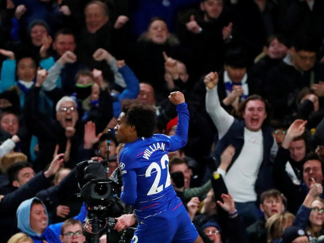 Willian celebrates after putting Chelsea back in front against Newcastle United on January 12, 2019