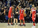 Washington Wizards celebrate after beating the New York Knicks in London on January 17, 2019