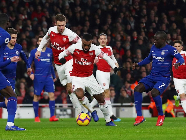 Arsenal's Alexandre Lacazette dribbles with the ball against Chelsea in the Premier League on January 19, 2019.