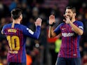 Barcelona duo Luis Suarez and Lionel Messi celebrate a goal against Leganes in La Liga on January 20, 2019.
