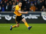 Diogo Jota scores the third during the Premier League game between Wolverhampton Wanderers and Leicester City on January 19, 2019