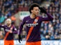 Manchester City forward Leroy Sane celebrates during the Premier League clash with Huddersfield Town on January 20, 2019