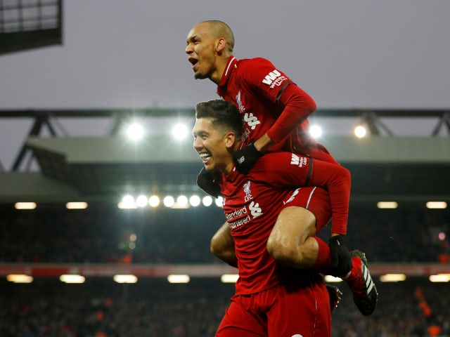 Roberto Firmino and Fabinho celebrate a goal for Liverpool against Crystal Palace in the Premier League on January 19, 2019