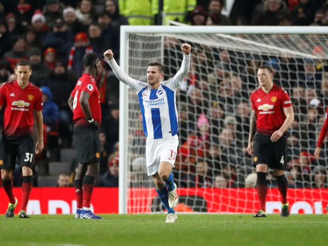 Pascal Gross celebrates his consolation goal in Brighton & Hove Albion's defeat to Manchester United on January 19, 2019