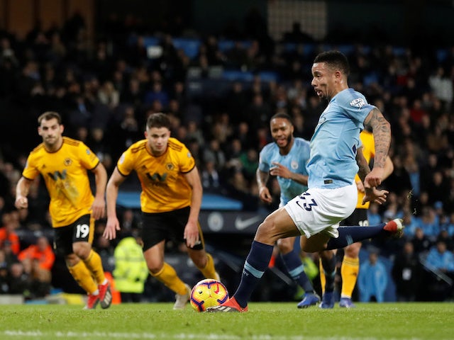 Manchester City striker Gabriel Jesus scores his second goal against Wolves on January 14, 2019