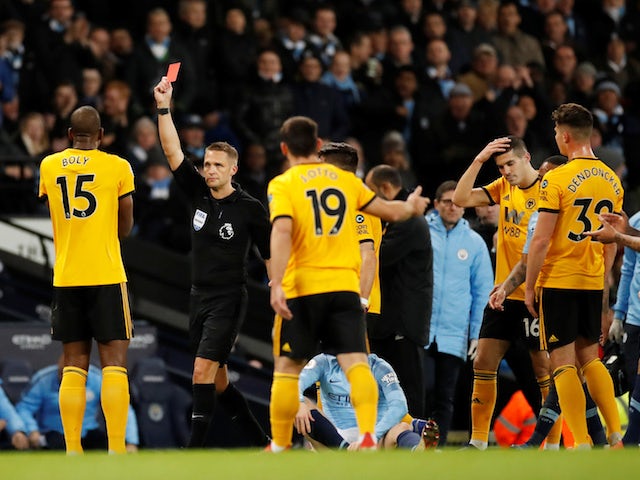 Wolverhampton Wanderers defender Willy Boly is sent off during their Premier League clash with Manchester City on January 14, 2019