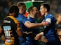Leinster's Noel Reid celebrates scoring a try with teammates against Wasps on January 20, 2019