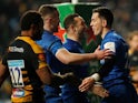 Leinster's Noel Reid celebrates scoring a try with teammates against Wasps on January 20, 2019