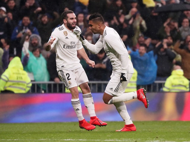 Real Madrid midfielder Casemiro celebrates scoring against Sevilla in La Liga on January 19, 2019.