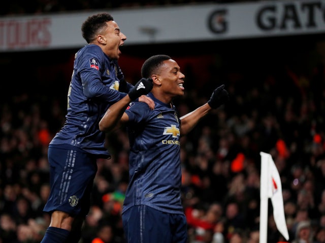 Anthony Martial and Jesse Lingard celebrate Manchester United's third goal against Arsenal on January 25, 2019