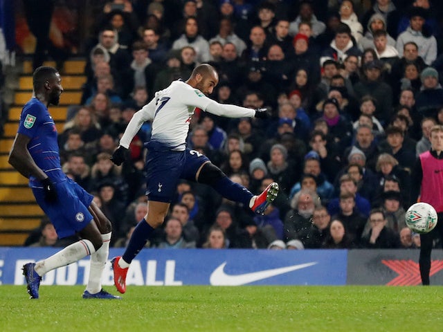 Lucas Moura shoots for Tottenham during the EFL Cup clash with Chelsea on January 24, 2019