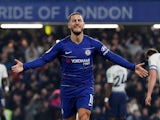 Chelsea's Eden Hazard celebrates scoring against Tottenham Hotspur in their EFL Cup semi-final second leg against Tottenham Hotspur on January 24, 2019