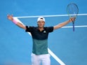 Lucas Pouille celebrates during his Australian Open quarter-final win over Milos Raonic on January 23, 2019
