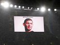 A tribute to Emiliano Sala is shown on screen before Arsenal's game with Cardiff City on January 29, 2019