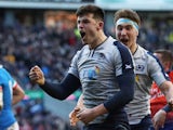 Scotland's Blair Kinghorn celebrates after scoring a try against Italy in the Six Nations on February 2, 2019