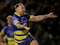 Warrington Wolves' Blake Austin celebrates scoring their fourth try against Leeds Rhinos on February 2, 2019