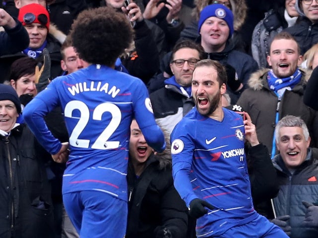 Gonzalo Higuain celebrates scoring his first goal for Chelsea against Huddersfield on February 2, 2019