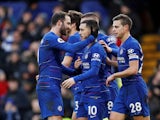 Chelsea's Eden Hazard celebrates with teammates after scoring against Huddersfield on February 2, 2019