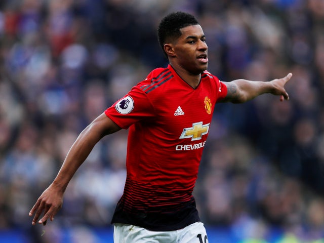 Manchester United's Marcus Rashford celebrates scoring against Leicester City in the Premier League on February 3, 2019.