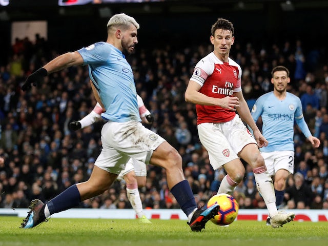 Sergio Aguero scores his second goal during Manchester City's Premier League clash with Arsenal on February 3, 2019