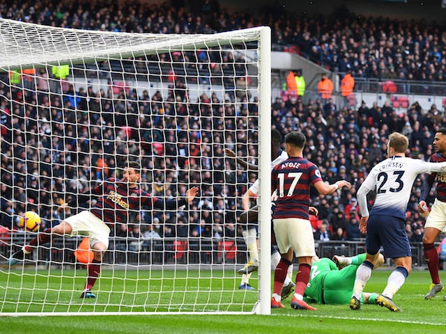 Newcastle's Fabian Schar clears the ball off the line during the Premier League clash with Tottenham on February 2, 2019