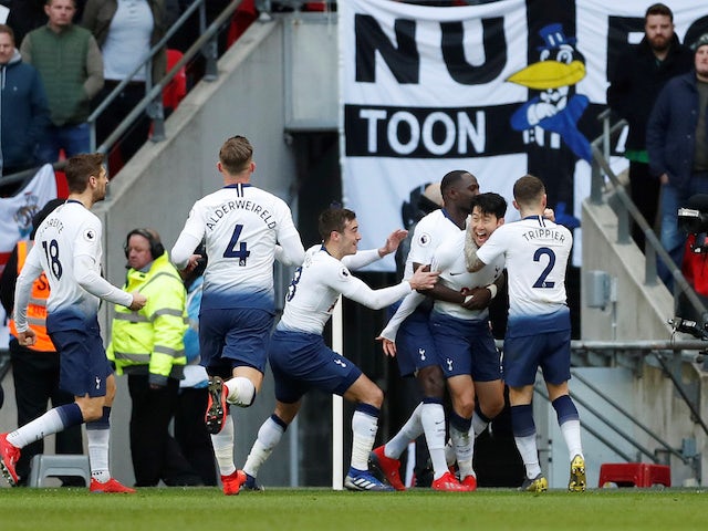 Tottenham's Son Heung-min celebrates with teammates after against Newcastle on February 2, 2019