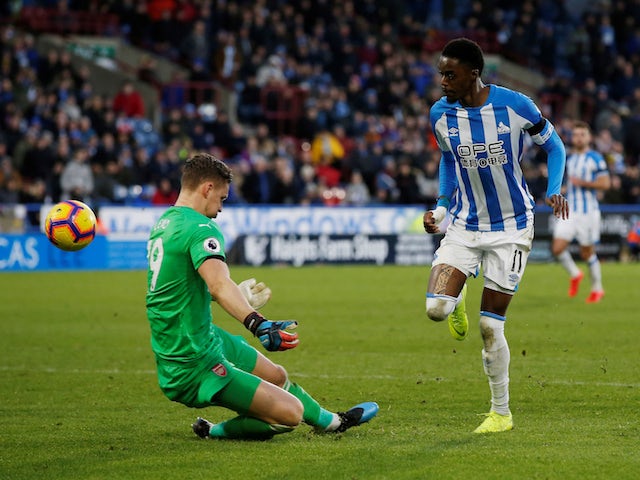 Adama Diakhaby sees a shot saved by Arsenal's Bernd Leno moments before Huddersfield Town's goal in the Premier League on February 9, 2019.