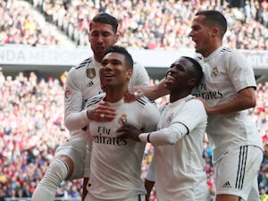 Real Madrid celebrate scoring against Atletico Madrid in La Liga on February 9, 2019.