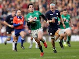 Ireland's Joey Carbery races clear during the Six Nations clash with Scotland on February 9, 2019