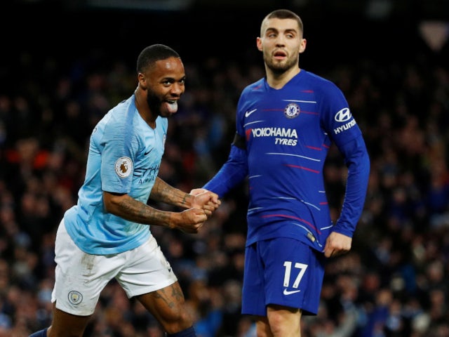 Raheem Sterling celebrates his second goal and Manchester City's sixth in the Premier League meeting with Chelsea on February 10, 2019
