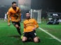 Newport County's Padraig Amond celebrates scoring their second goal against Middlesbrough in the FA Cup on February 5, 2019