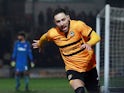 Newport County's Robbie Willmott celebrates scoring their first goal in the FA Cup fourth round replay with Middlesbrough on February 5, 2019