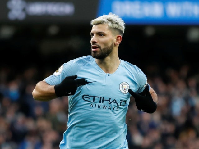 Manchester City striker Sergio Aguero celebrates his first goal against Chelsea on February 10, 2019