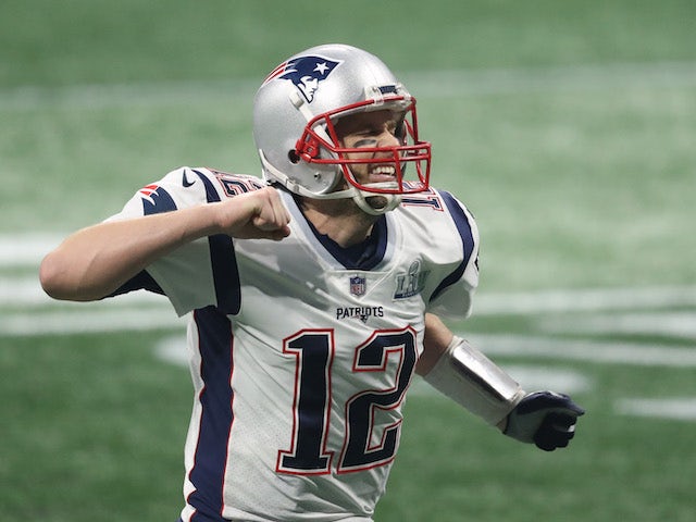 Tom Brady celebrates the Patriots' fourth-quarter touchdown on February 3, 2019