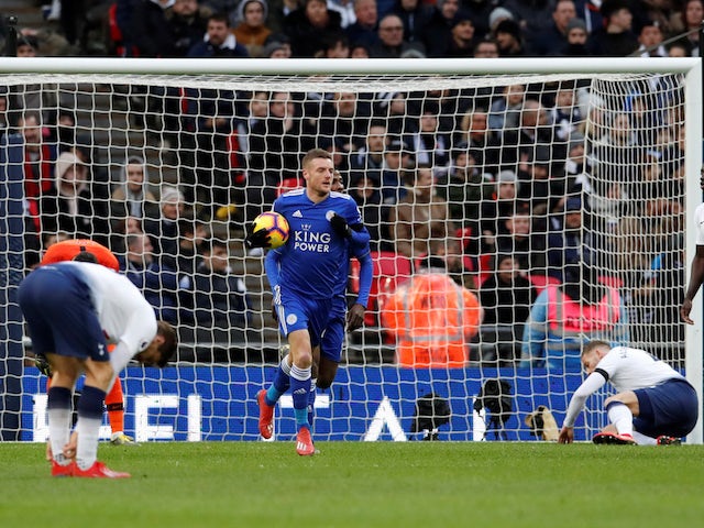 Leicester City striker Jamie Vardy celebrates scoring against Tottenham Hotspur on February 10, 2019