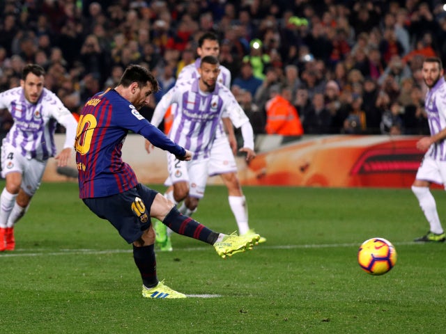Lionel Messi opens the scoring from the penalty spot for Barcelona in their La Liga meeting with Real Valladolid on February 16, 2019