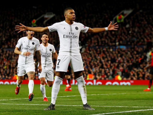 Paris Saint-Germain attacker Kylian Mbappe celebrates scoring against Manchester United on February 12, 2019