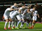 Leeds United players celebrate scoring against Swansea on February 13, 2019