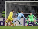 Anders Christiansen scores for Malmo against Chelsea in the Europa League on February 14, 2019.