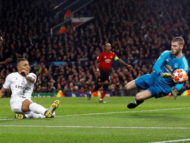 Paris Saint-Germain attacker Kylian Mbappe misses a chance during the Champions League clash with Manchester United on February 12, 2019