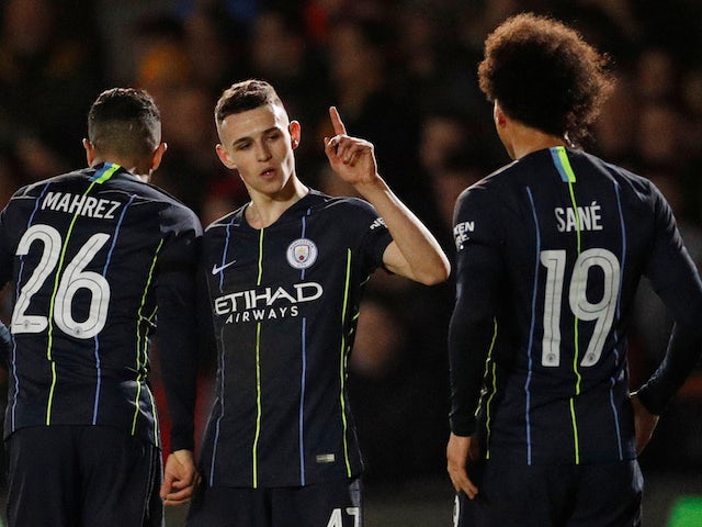 Manchester City's Phil Foden celebrates their third goal in the FA Cup against Newport County on February 16, 2019.