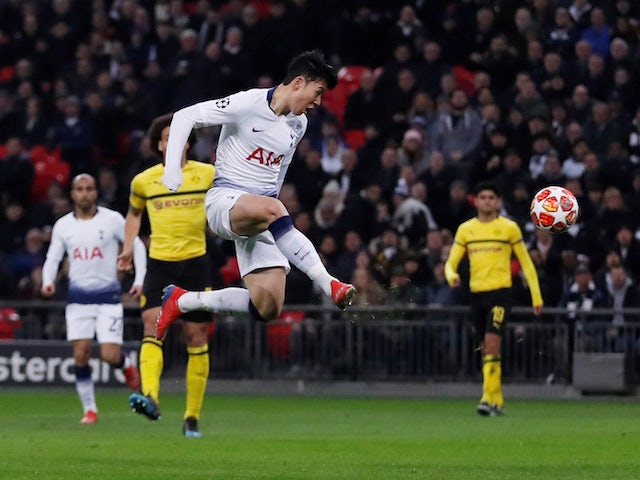 Tottenham Hotspur forward Son Heung-min scores against Borussia Dortmund in their Champions League clash on February 13, 2019