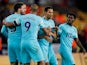 Newcastle United players celebrate Isaac Hayden's goal against Wolverhampton Wanderers on February 11, 2019