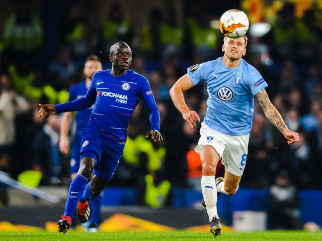Chelsea's N'Golo Kante attempts to win possession against Malmo in the Europa League on February 21, 2019.