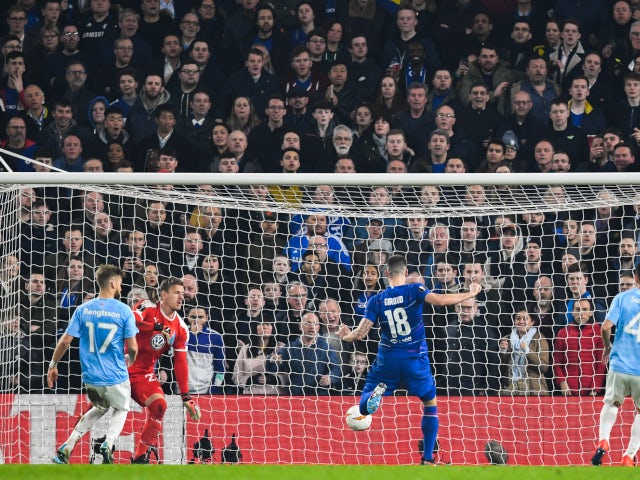 Olivier Giroud scores for Chelsea against Malmo in the Europa League on February 21, 2019.
