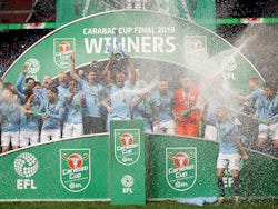 Manchester City players celebrate winning the EFL Cup final against Chelsea on February 24, 2019
