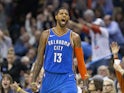 Oklahoma City Thunder forward Paul George (13) celebrates after scoring against the Utah Jazz during the second half at Chesapeake Energy Arena on February 22, 2019
