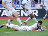 France's Romain Ntamack scores their first try against Scotland on February 23, 2019
