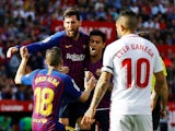 Lionel Messi celebrates scoring Barcelona's first goal against Sevilla in their La Liga clash on February 23, 2019