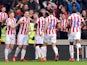 Stoke City's Sam Vokes celebrates with teammates after scoring their first goal on February 23, 2019